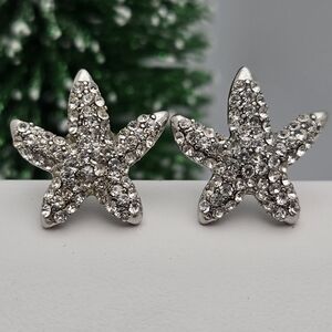 Silver-Tone Crystal Starfish Stud Earrings Bridal Wedding 3/4" NWOT